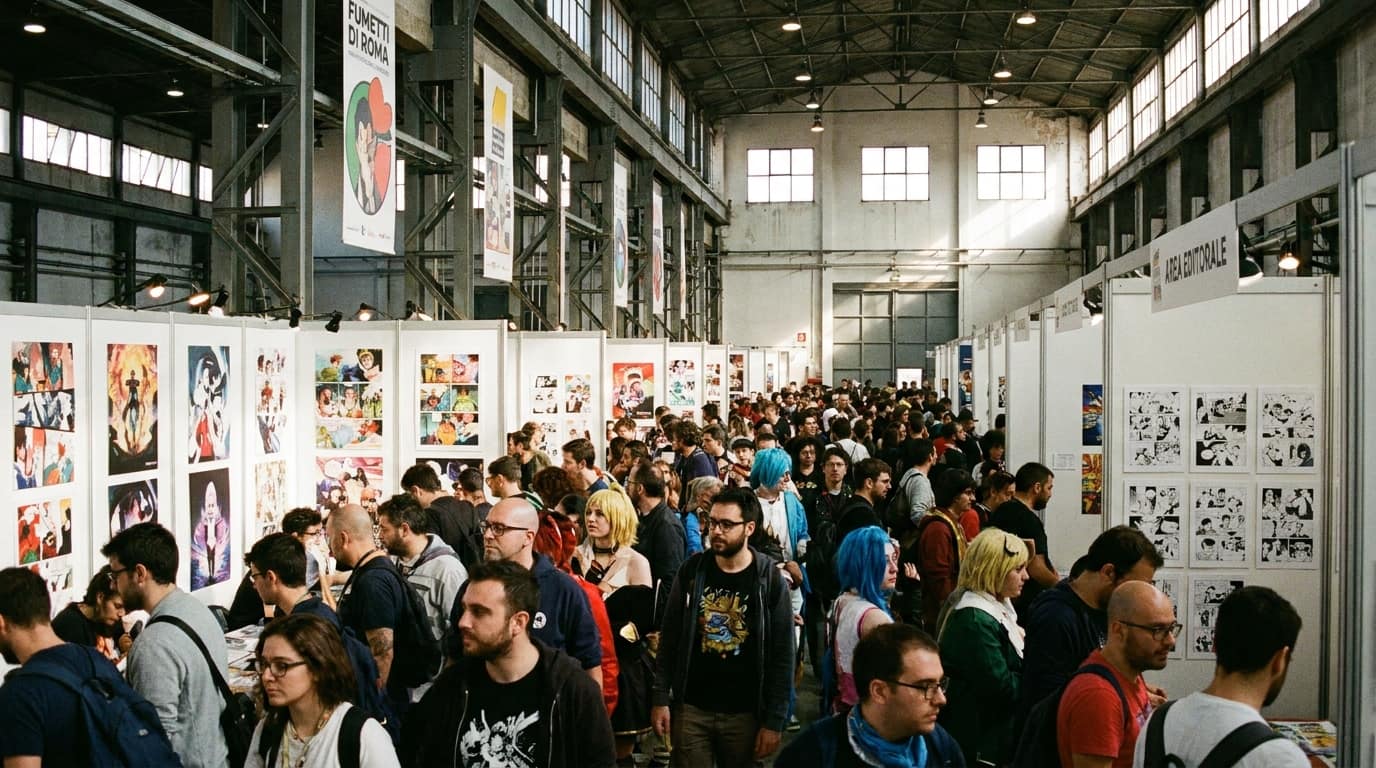Folla di visitatori agli stand del festival del fumetto a Roma con illustrazioni alle pareti