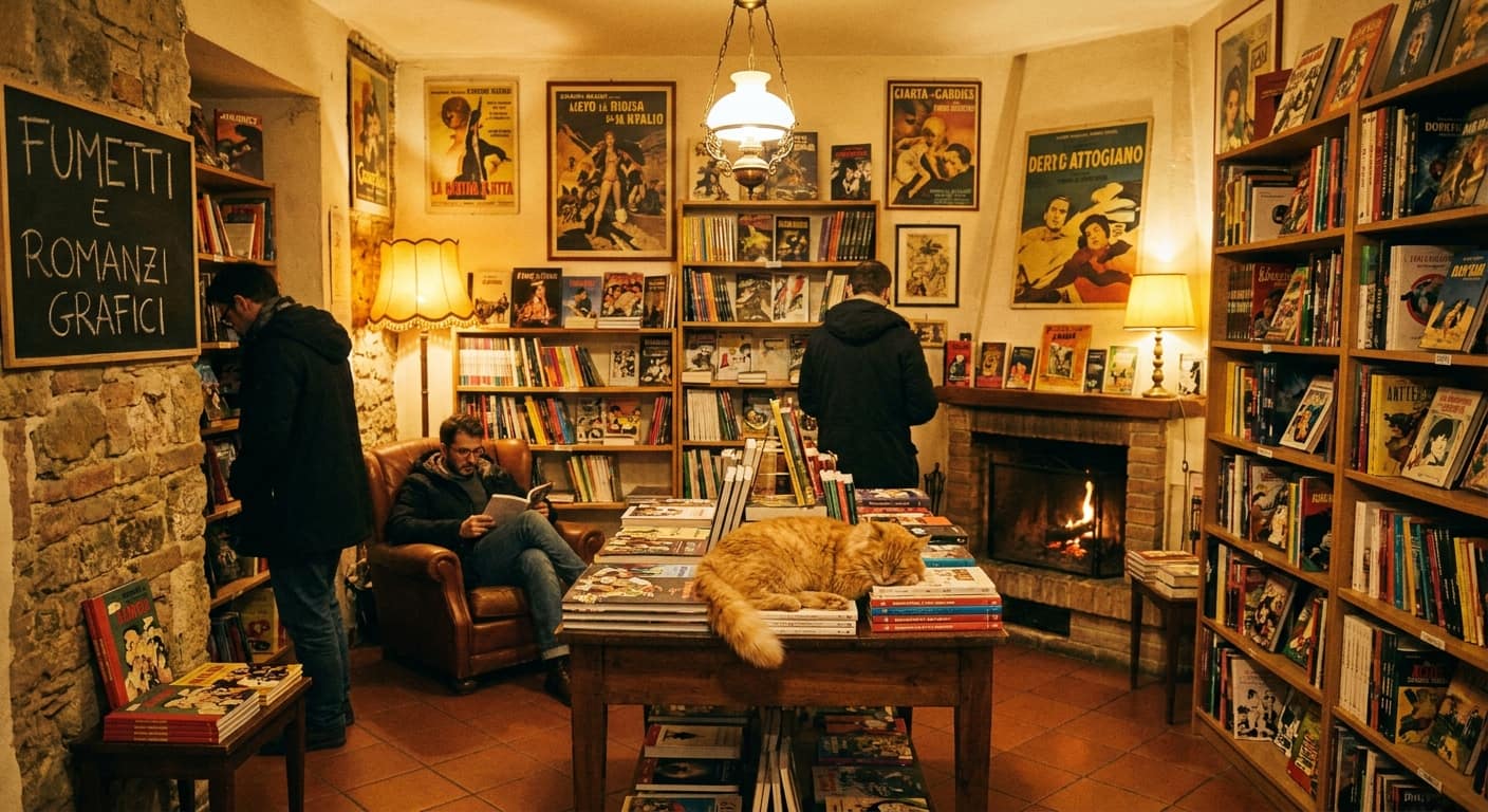 Scaffali di libreria specializzata con graphic novel italiani in esposizione