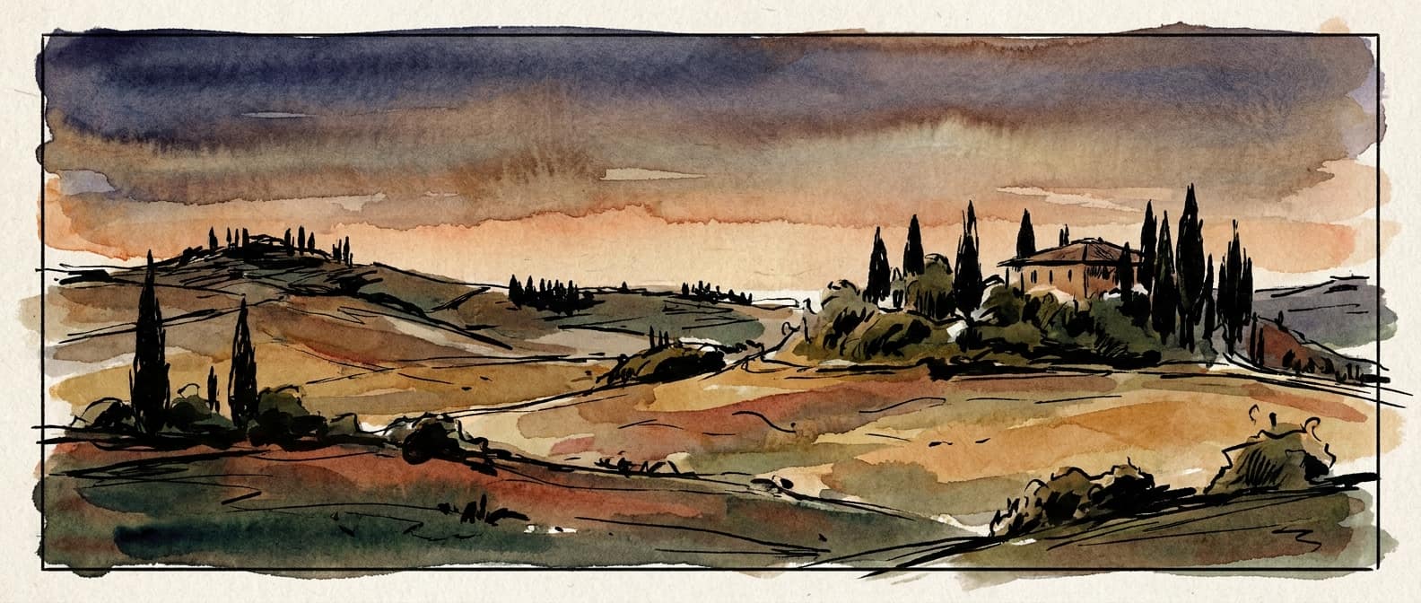 Paesaggio toscano al tramonto in stile acquerello e inchiostro, colline con cipressi