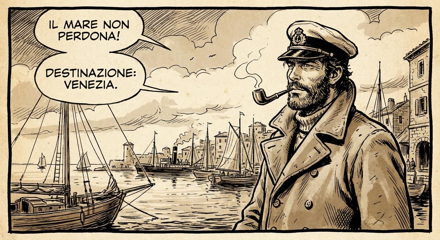 Illustrazione vintage stile fumetto di marinaio con cappello in porto mediterraneo