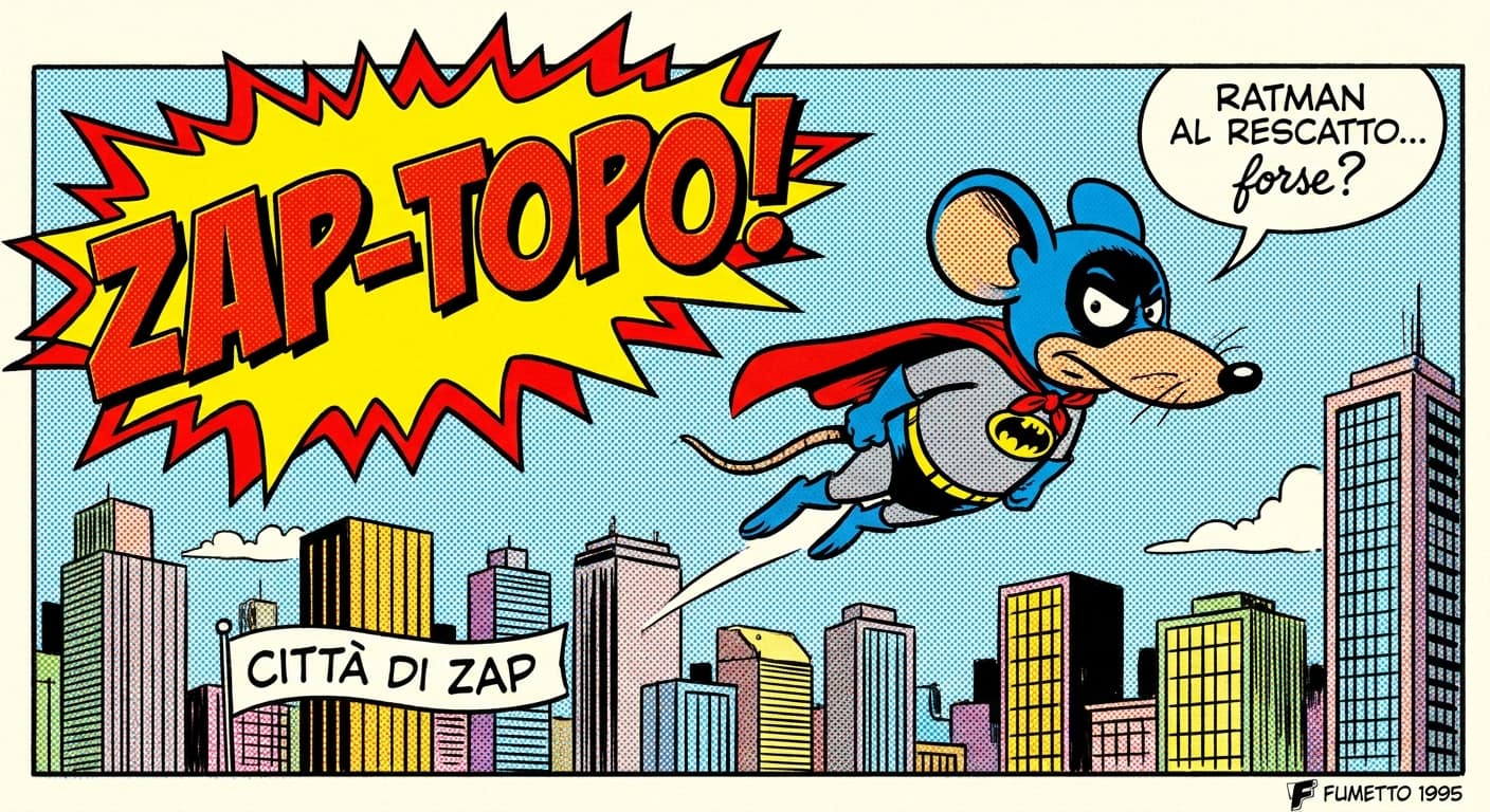 Illustrazione colorata di personaggio fumetto parodia supereroe con testa di ratto