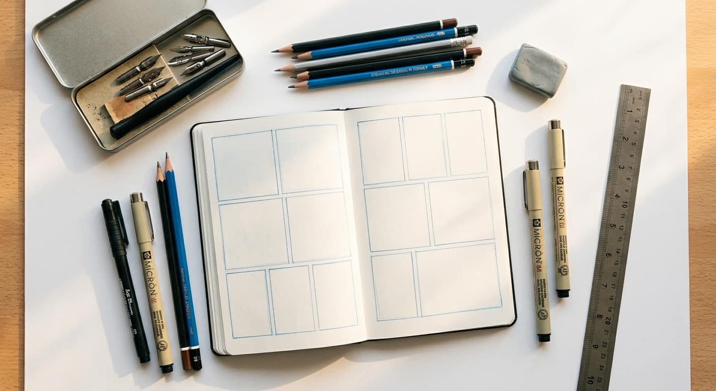 Matite, pennini e taccuino con griglie di vignette su tavolo da disegno