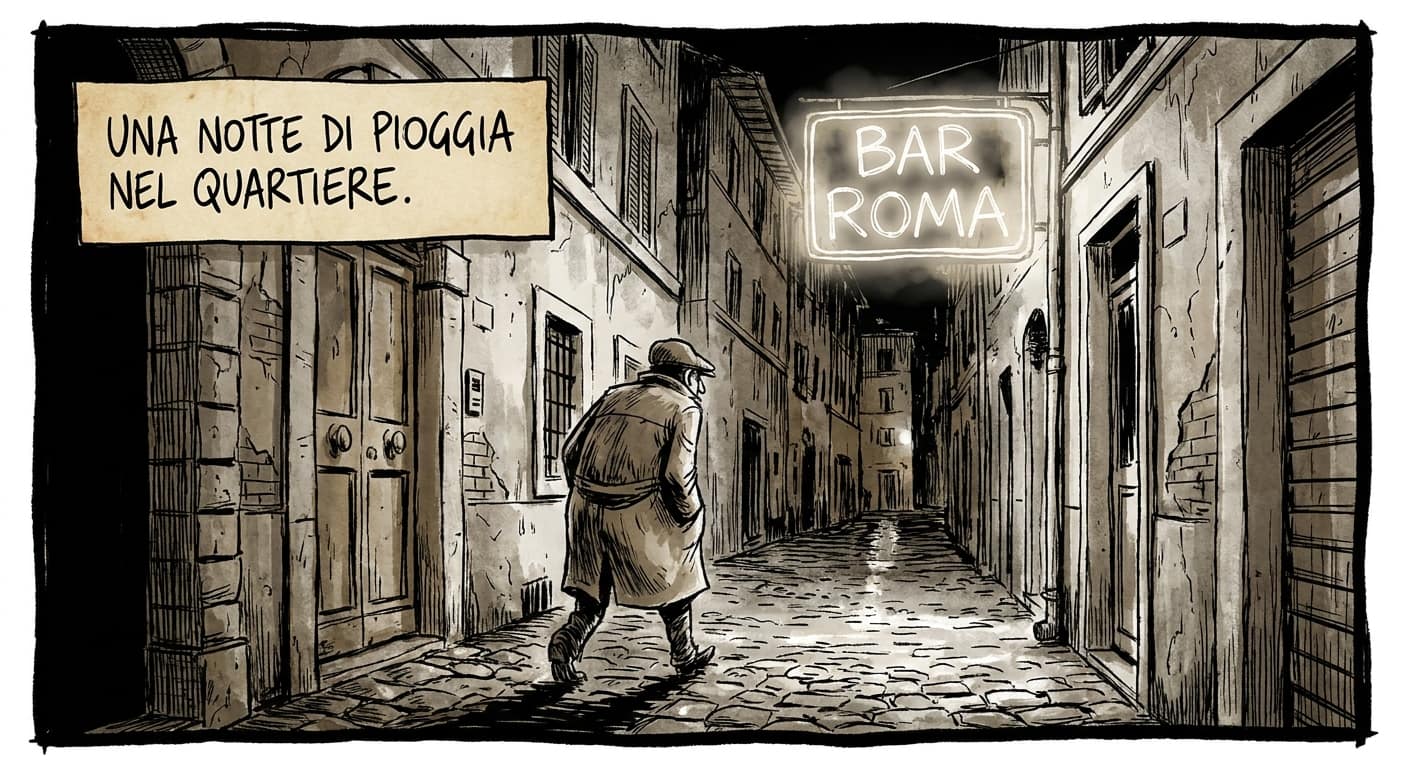 Illustrazione in stile fumetto noir con architettura urbana e tratteggio denso