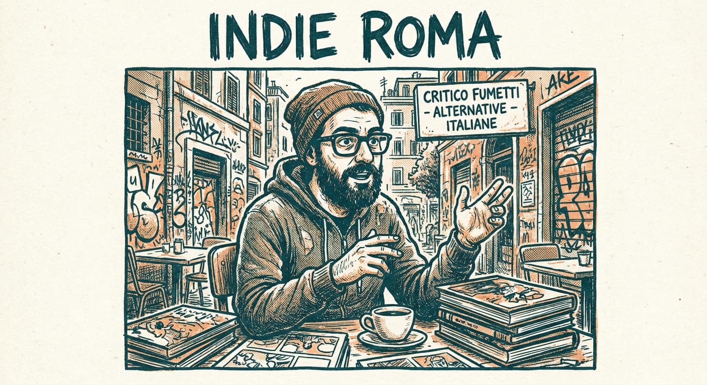Ritratto a fumetti di Andrea Ferretti, critico, stile indie underground contemporaneo