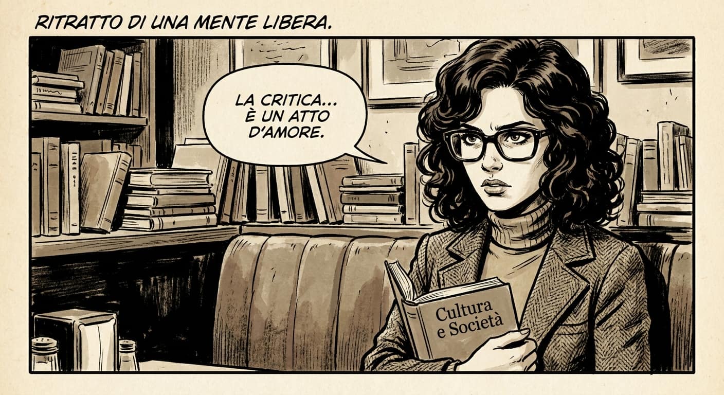 Ritratto a fumetti di Francesca Morini, storica del fumetto, stile fumetto italiano vintage anni 70