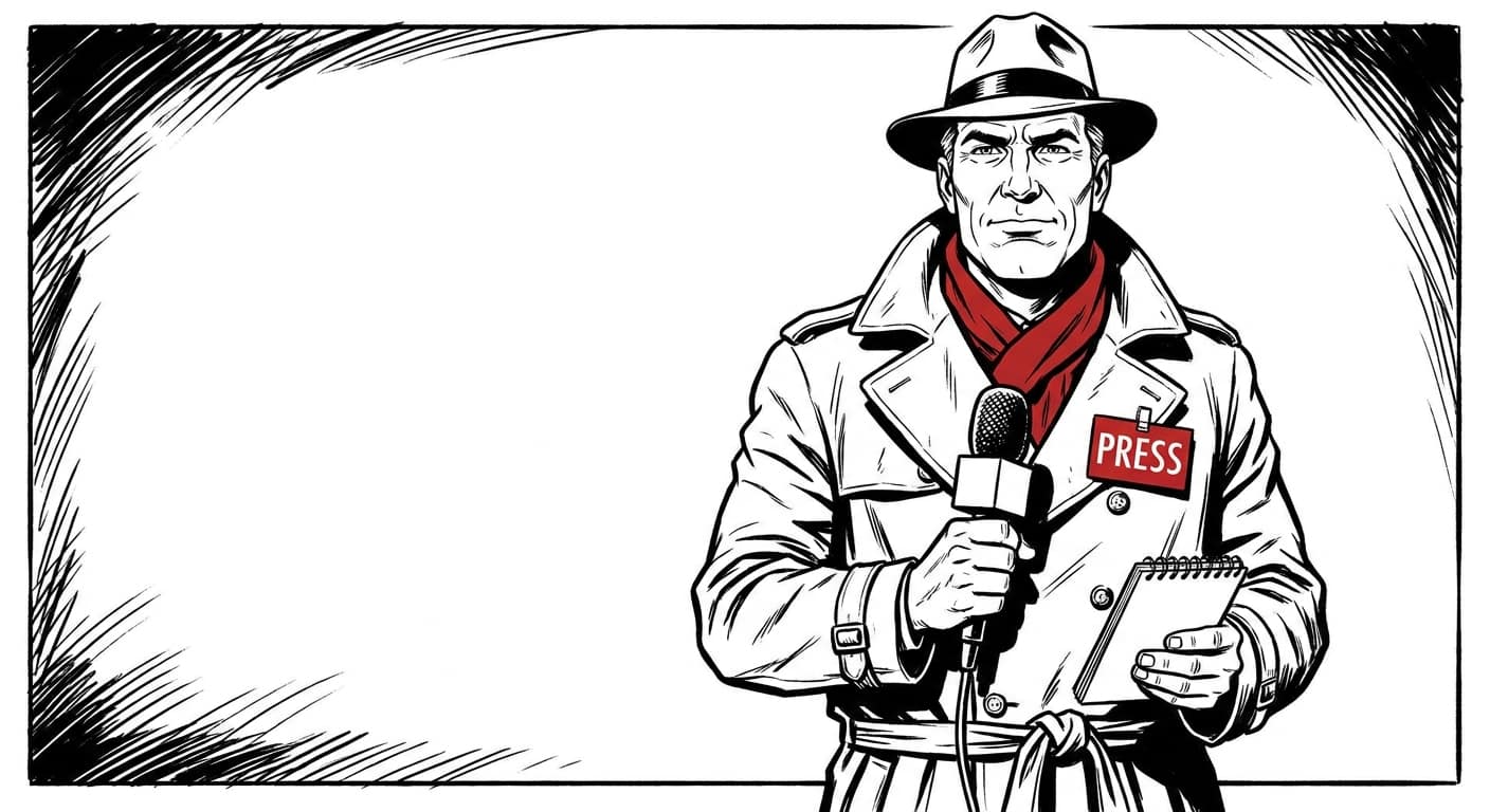 Ritratto a fumetti di Marco Salvi, giornalista, stile graphic novel a contrasto alto